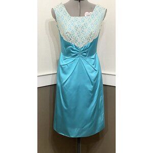 Vintage Turquoise Sleeveless Satin Sheath Dress White Lace Papillon